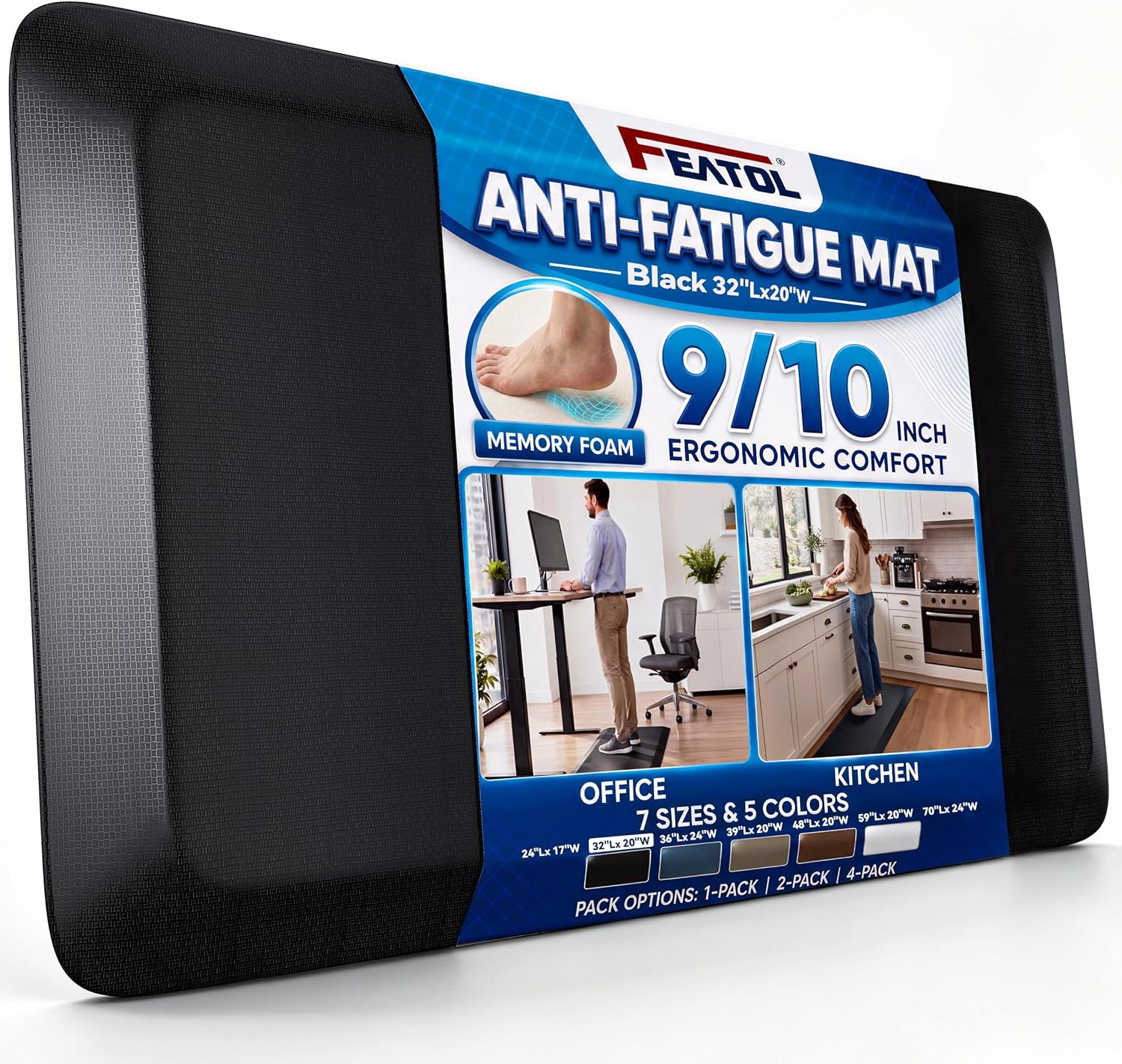 FEATOL Anti Fatigue Mat for Standing Desk & Kitchen Floor, 9/10 Extra Thick