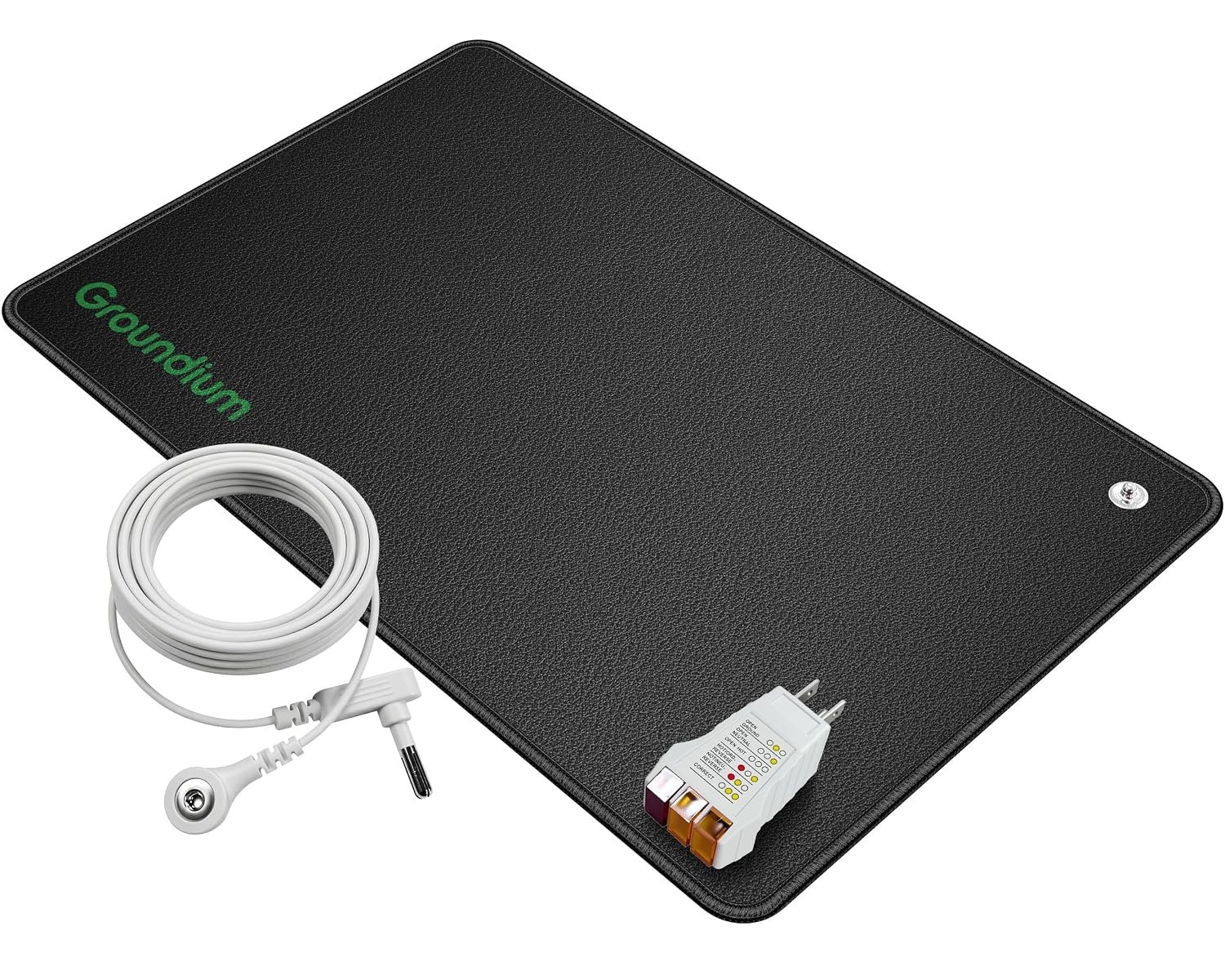 Grounding Mat (16.34″ x 25.2″) – Conductive Carbon PU Earthing Pad for Feet, Under Desk, and Bed – Static Discharge and Ambient Voltage Reduction – Includes 16.4ft Cord and Outlet Tester
